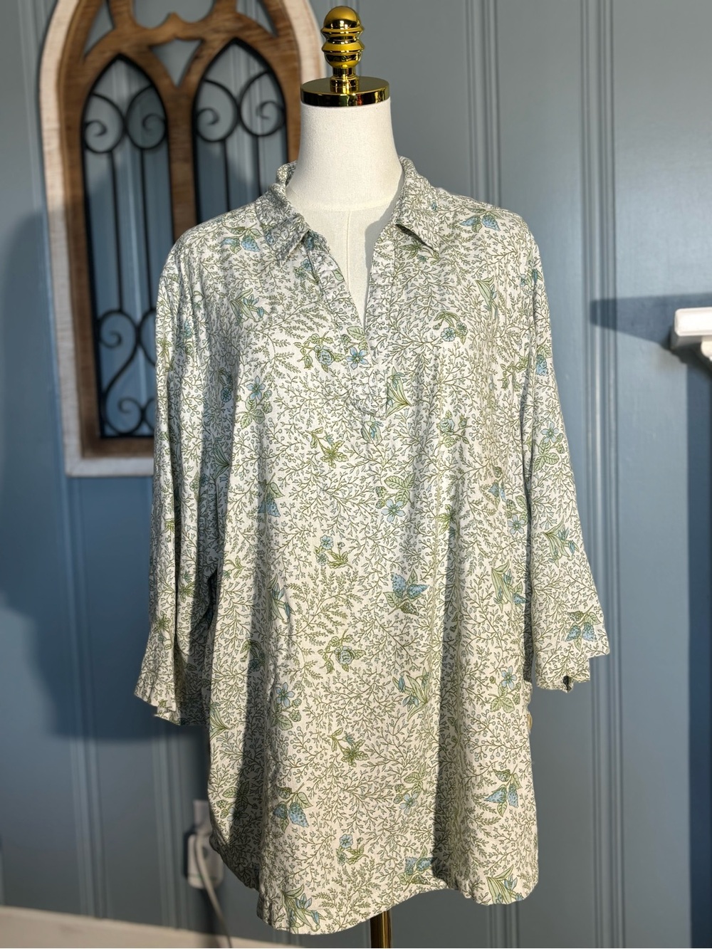 Cottagecore LAGENLOOK Prairie Women’s White Green Floral Linen Pullover Blouse